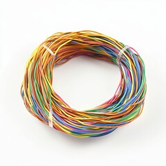 Colorful wires coiled in a circle on white.