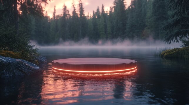 A circular wooden platform with an orange neon light sits on a still lake in a foggy forest at sunset.