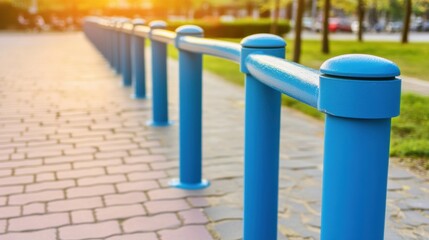 Blue bollards line a sunlit pathway, creating a vibrant urban scene, AI