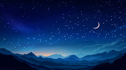 Nachthimmel über Bergen mit Sternen und schmalem Mond

