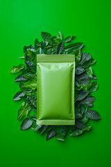 A green tea bag surrounded by green leaves on a green background