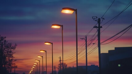 Dusk streetlights illuminate a vibrant sunset sky.