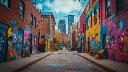 Fototapeta premium Vibrant urban alleyway with colorful murals and bright buildings, creating a lively atmosphere in a city.