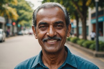 Obraz premium Close portrait of a smiling senior Mauritian man looking at the camera, Mauritian city outdoors blurred background