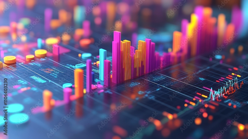 Poster abstract 3d data visualization: colorful charts and graphs representing growth, trends, and financia