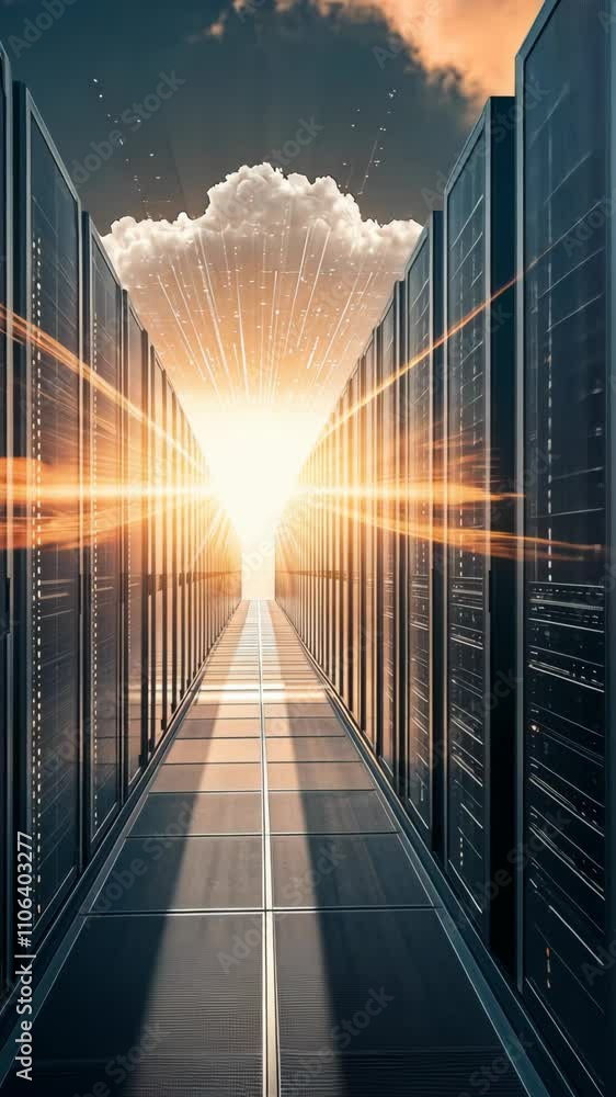 Poster corridor of servers illuminated by bright light at sunset with clouds in the background creating a f