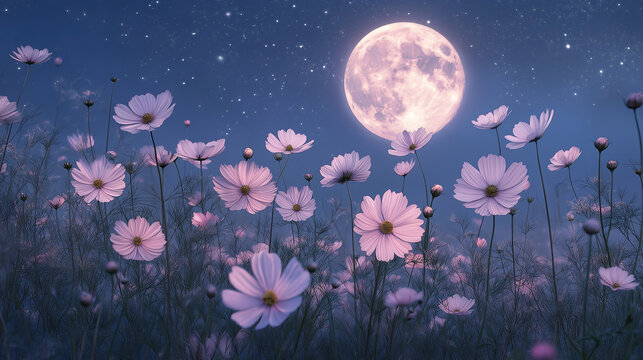 Bl&uuml;hendes Feld unter dem Vollmond in der Nacht

