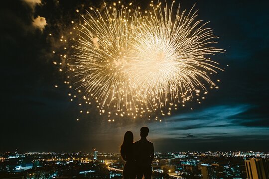 A couple standing on a rooftop, watching fireworks light up the dark sky, golden and white explosions lighting the night, the wide-angle shot captures the romantic atmosphere, celebration mood 5