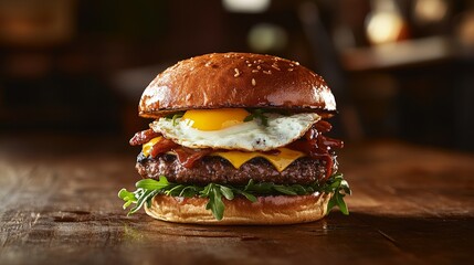 A delicious burger featuring a beef patty, cheese, bacon, and a fried egg on a toasted bun.