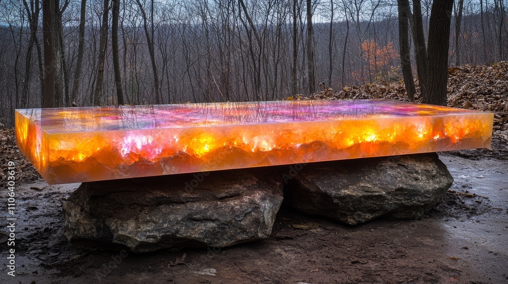 Poster a contemporary, colorful resin table sits on two large rocks in a forest setting. the table is illum