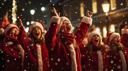 A group of young women in red coats and santa hats singing in the snow