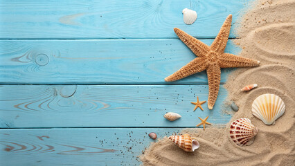 Top view of starfish, seashells on wooden blue background, panoramic shot
