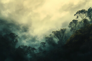 A dense, misty rainforest canopy at dawn with soft light filtering through the clouds, creating an ethereal atmosphere