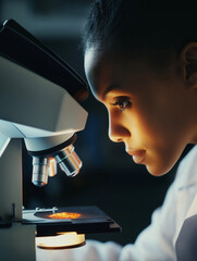  Female scientist studying sample under a microscope.