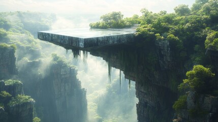 A floating platform with a reflecting pool of water, set in a mystical, foggy landscape of lush vegetation and rocky cliffs.
