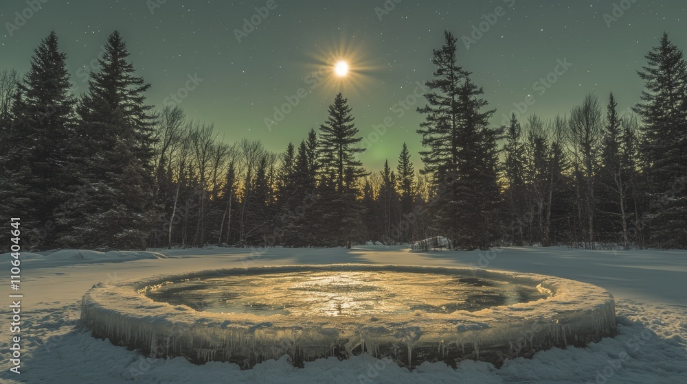 Poster a frozen pond with an icy edge surrounded by a forest of pine trees with the moon shining in the sky
