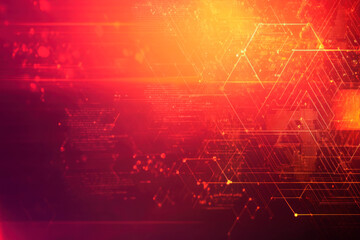 Dynamic abstract technology background with glowing hexagonal patterns and digital elements in vivid orange and red tones, futuristic design. For innovation, science, or technology-related projects