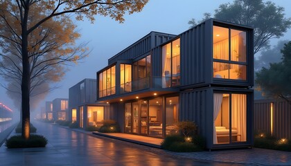 Modern Container Homes at Dusk  Waterfront Living