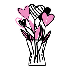 Bouquet of heart-shaped flowers in a vase. Doodle vector illustration suitable for Valentine Day cards, romantic decorations, gift tags or social media posts celebrating love and affection