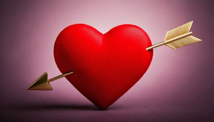 A plush red heart sits prominently with a gold arrow piercing through it, symbolizing love and affection. The background enhances the heart's vibrancy and emotional impact