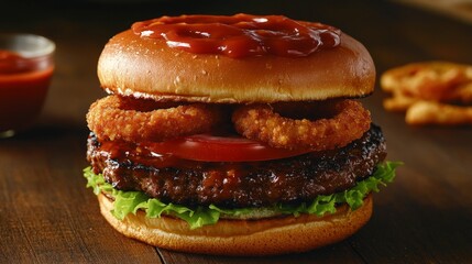 A delicious burger featuring a beef patty, lettuce, tomato, onion rings, and ketchup.