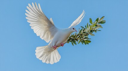 White dove in flight carrying olive branch against clear blue sky during daytime



