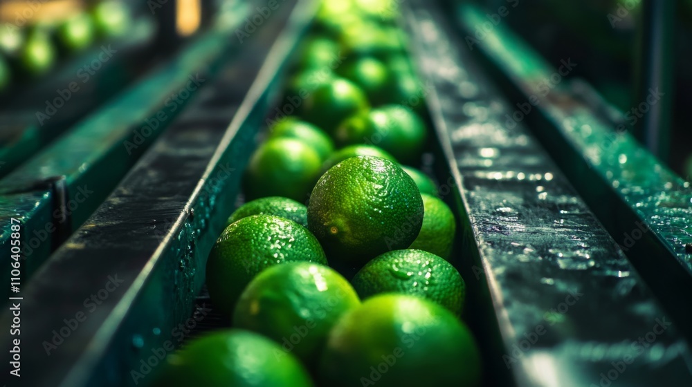 Leinwandbilder Fresh limes roll down a conveyor belt in a juice processing facility. Water droplets glisten on the green fruit as they are sorted for juice extraction and processing during the busy workday.