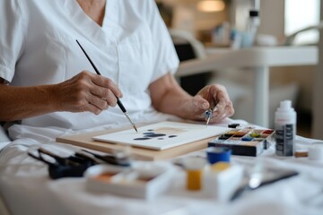 An older artist delicately paints on canvas with watercolors while seated in a creative studio environment, expressing artistic flair and connection to creativity.