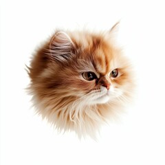 Fluffy orange cat head, alert expression, white background.