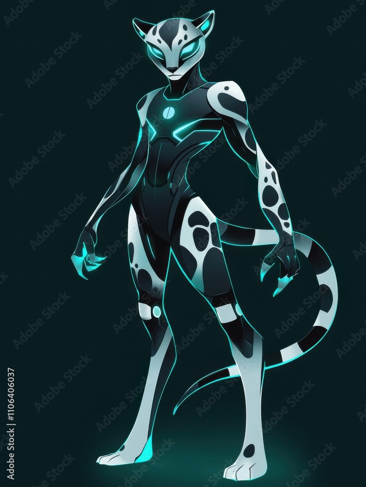 Poster futuristic feline humanoid with luminous patterns and sleek design