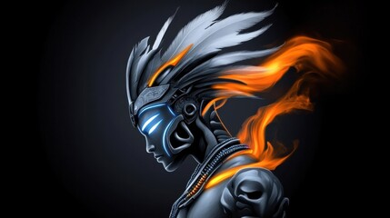 Obraz premium Futuristic Cyborg with Fiery Orange Hair and Metallic Headdress on Dark Background