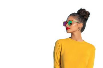 Young woman wearing colorful sunglasses and a yellow sweater poses confidently against a bright background during sunny weather