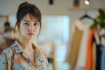 A professional female fashion designer stands in the foreground