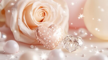 Dusty rose with delicate star patterns, a radiant heart-shaped diamond, and soft cream-colored balloons.