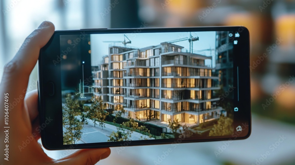 Leinwandbilder a hand holds a smartphone showcasing a digital rendering of a modern residential building with illum