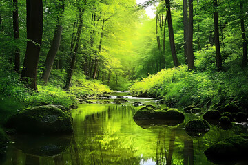 Fototapeta premium A serene forest scene with lush green trees, vibrant foliage, and crystal-clear water flowing through the center of it