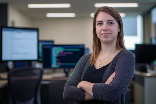 A professional female software developer stands in the foreground