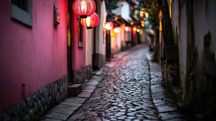 A narrow alleyway lit by lanterns in a quiet, cobblestone town