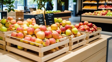 Vibrant apples are neatly placed in wooden crates on a store counter, showcasing their freshness and color under cinematic lighting