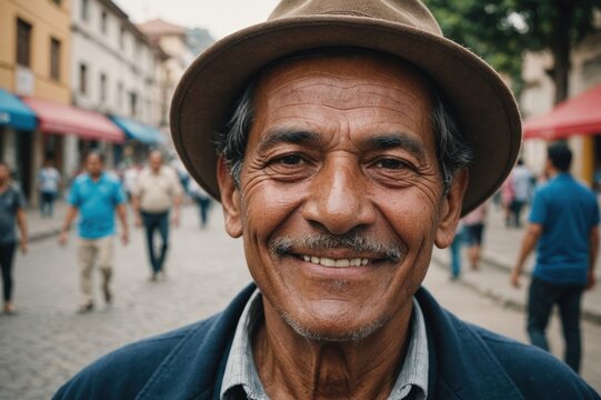 Close portrait of a smiling senior Peruvian man looking at the camera, Peruvian city outdoors  blurred background