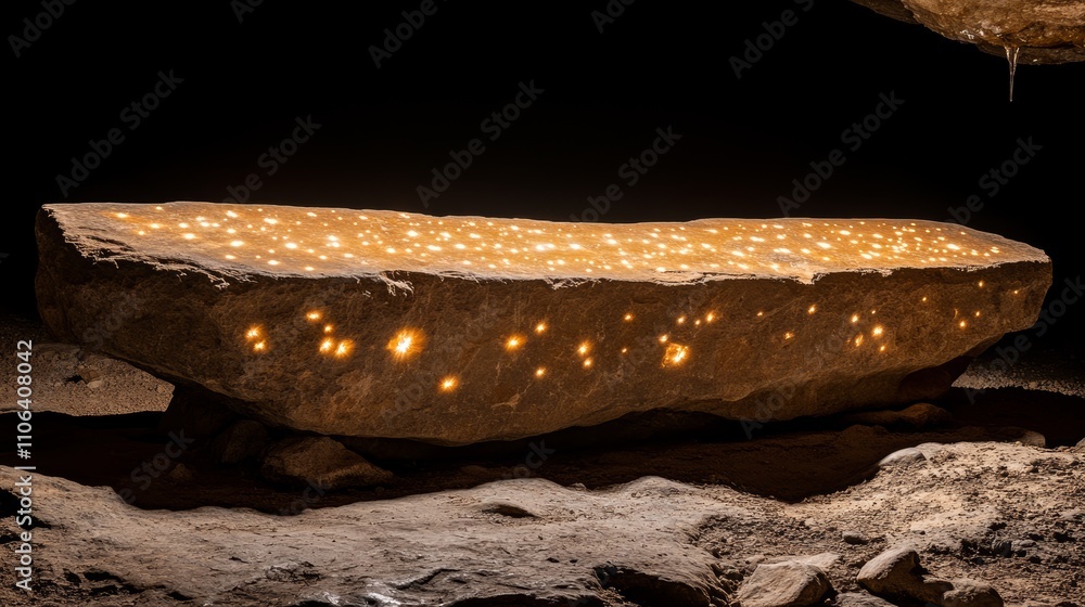 Poster a large flat rock with small lights embedded in the surface, sits in a dark cave.