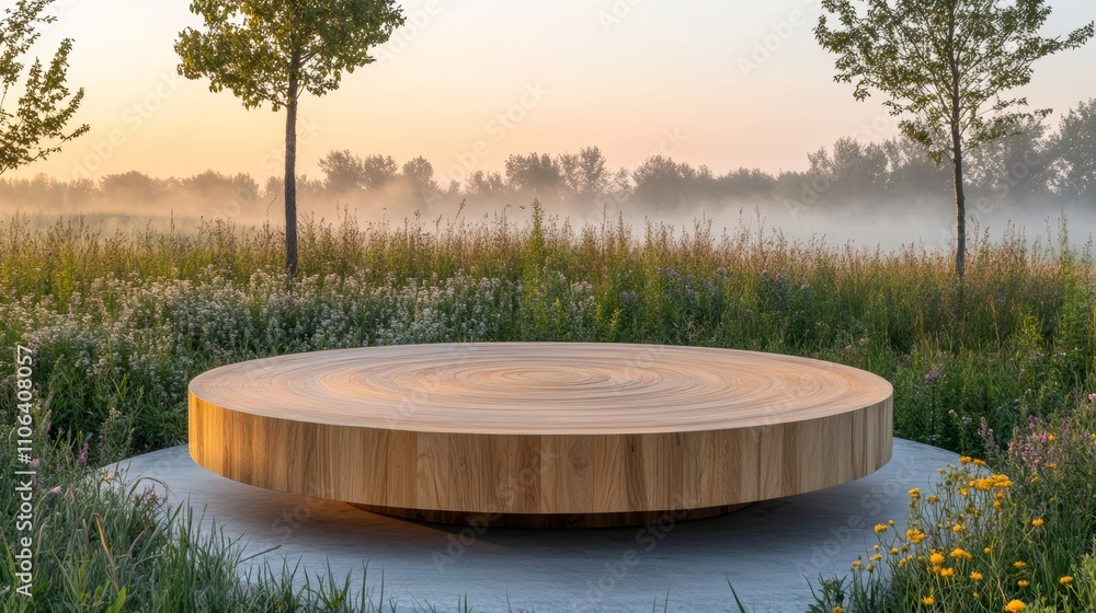 Poster a large circular wooden platform sits in a field with fog and trees in the background.