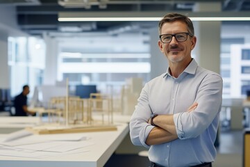 Obraz premium A professional male architect stands in the foreground