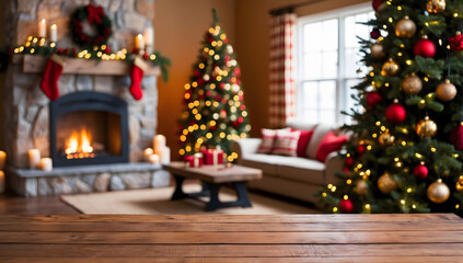 Holiday able with christmas tree and fireplace with copy space. Christmas table, free space.