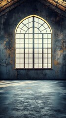 Fototapeta premium A large arched window in an industrial space. Sunlight streams through the glass panes illuminating the cracked concrete floor.