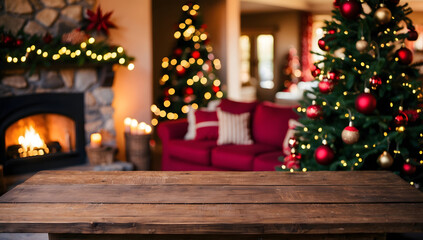 Holiday able with christmas tree and fireplace with copy space. Christmas table, free space.