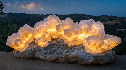 Obraz premium A large selenite crystal cluster glows with an ethereal light under a star-filled night sky.