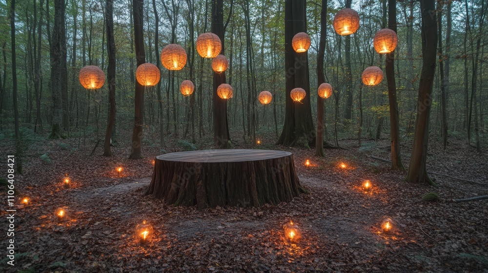 Poster a large tree stump in the middle of a forest, surrounded by glowing lanterns, creates a mystical atm