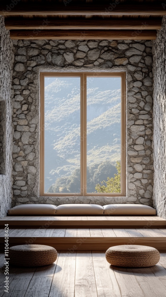 Poster a large window in a rustic stone wall with a view of mountains and a wooden bench and two cushions.