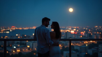 A romantic evening encounter under a full moon with city lights gleaming in the background